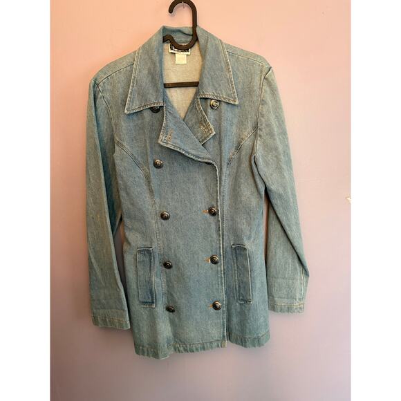 Vintage 80s 90s Nada Nuff Contempo Casuals demin double breasted blazer jacket M - Picture 1 of 16